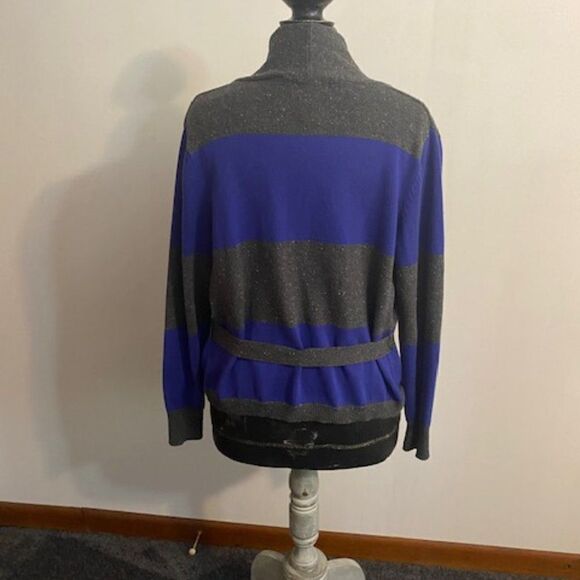 Chadwick's Gray/Blue Stripe open cardigan with belt, size L - Picture 2 of 3